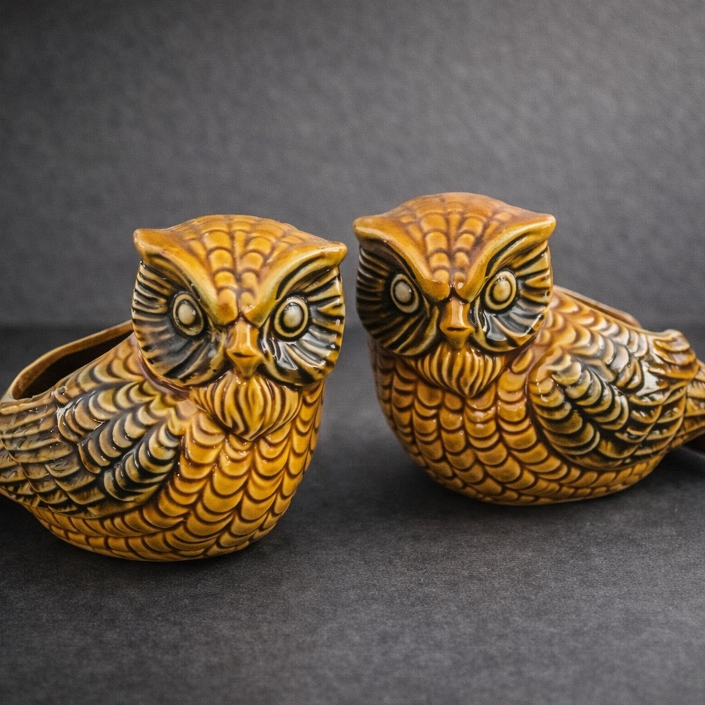 Vintage set Japanese Ceramic Owls Candle Holders